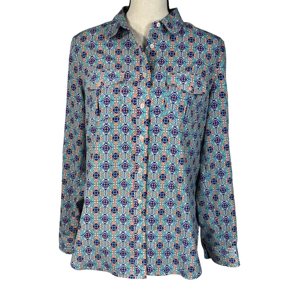 Talbots Medium Top Button-Up Geometric Long Sleeve Pockets Collared Lightweight